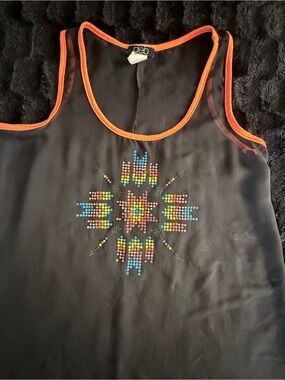 deb Black Sheer Tank with Neon Orange Trim and Multicolor Beadburst